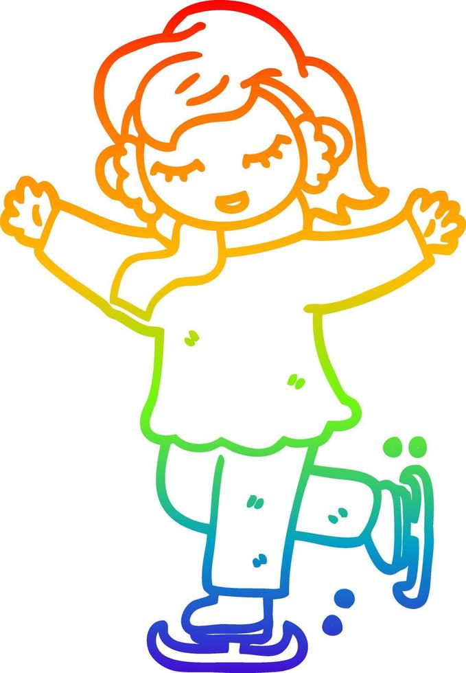 rainbow gradient line drawing cartoon girl ice skating vector