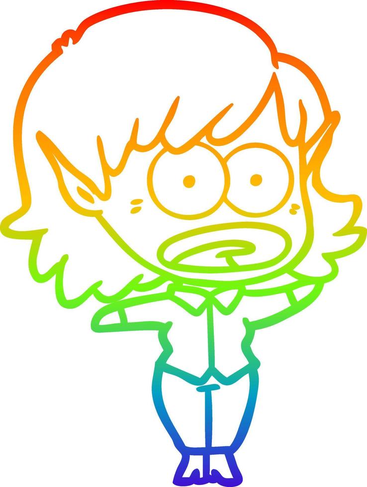 rainbow gradient line drawing cartoon shocked elf girl vector