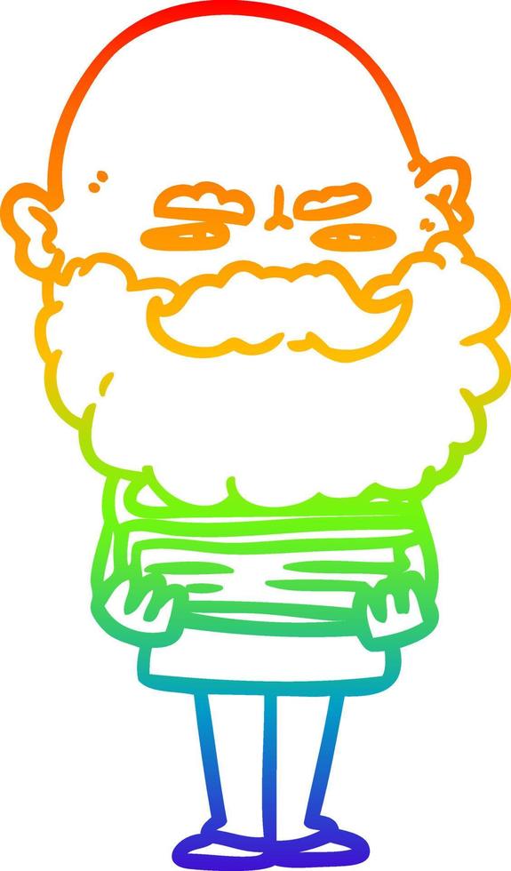 dibujo de línea de gradiente de arco iris hombre de dibujos animados con barba frunciendo el ceño vector