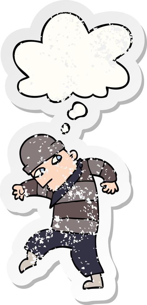cartoon sneaking thief and thought bubble as a distressed worn sticker vector