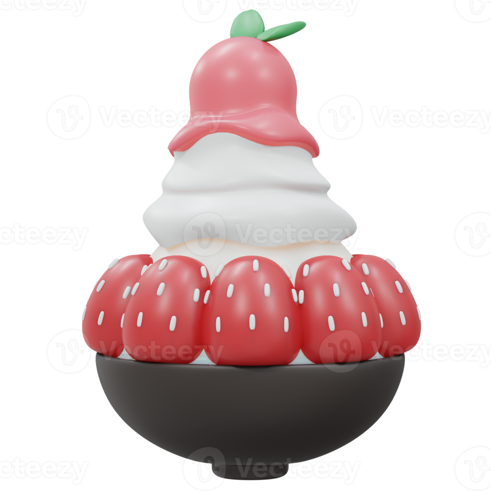 Bingsu Strawberry with ice cream 3d render png