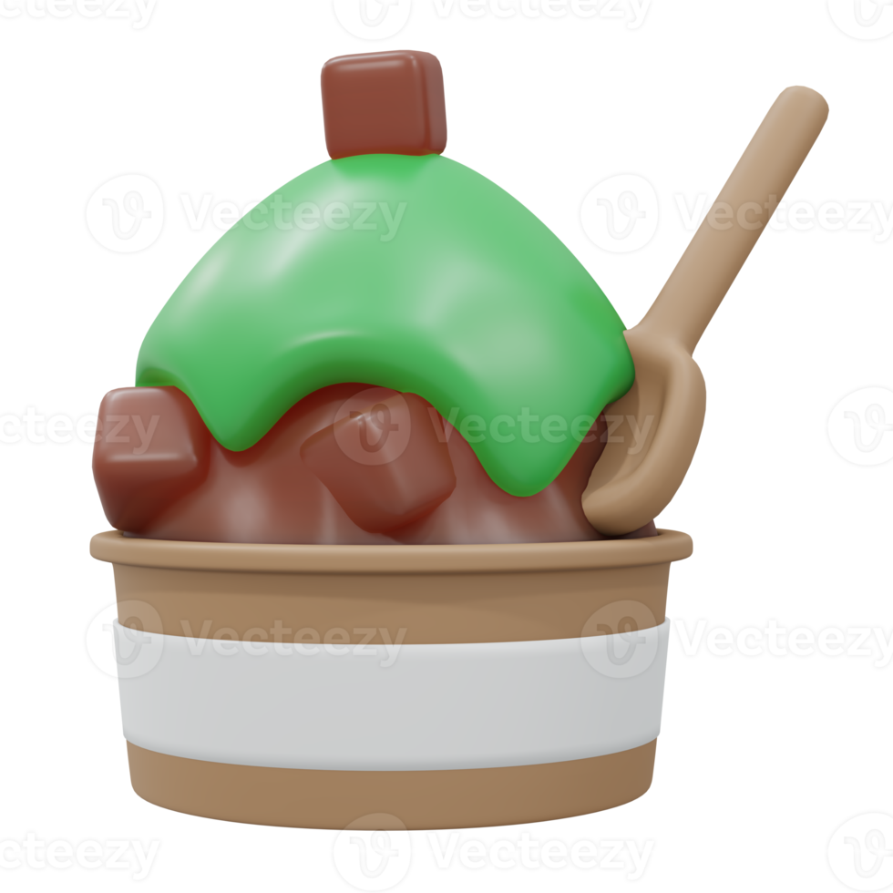 Rendering 3D per andare tazza di gelato al tè verde al cioccolato ghiaccio morbido isolato su bianco. rendering 3D in stile cartone animato. png