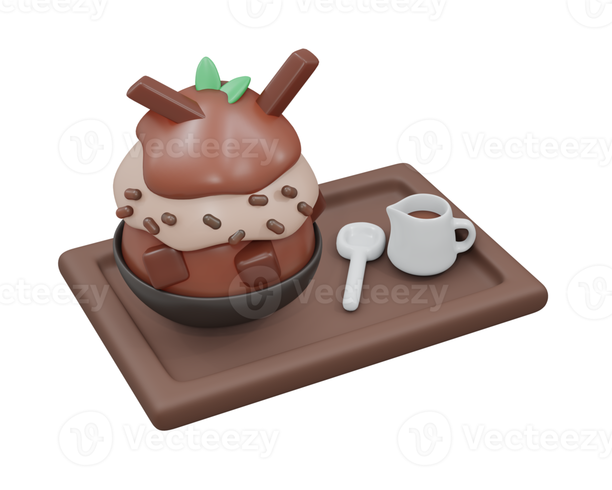 3D-Darstellung von Schokoladen-Bingsu-Eis auf einem Tablett isoliert auf Weiß. 3D-Render-Cartoon-Stil. png