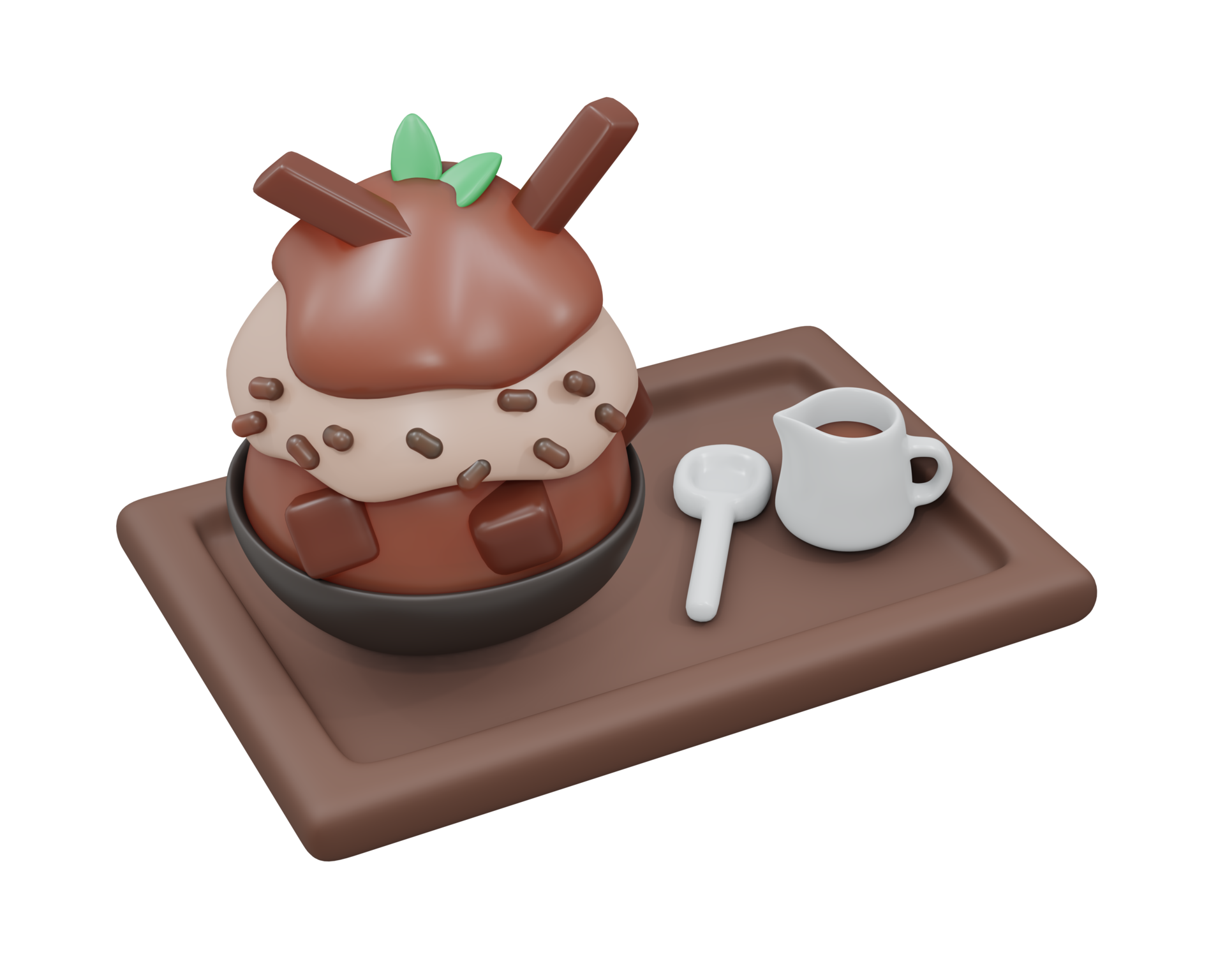 Free 3D Rendering of chocolate bingsu shaved ice set on tray isolated on white. 3d render cartoon style. 10114567 PNG with Transparent Background Free 3D Rendering of chocolate bingsu shaved ice set on tray isolated on white. 3d render cartoon style. 10114567 PNG with Transparent Background