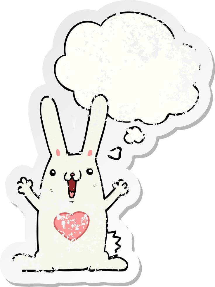 cartoon rabbit in love and thought bubble as a distressed worn sticker vector