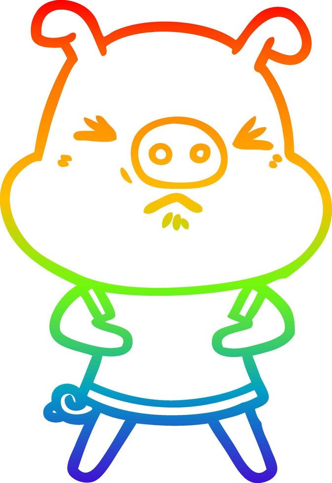 rainbow gradient line drawing cartoon angry pig wearing tee shirt vector