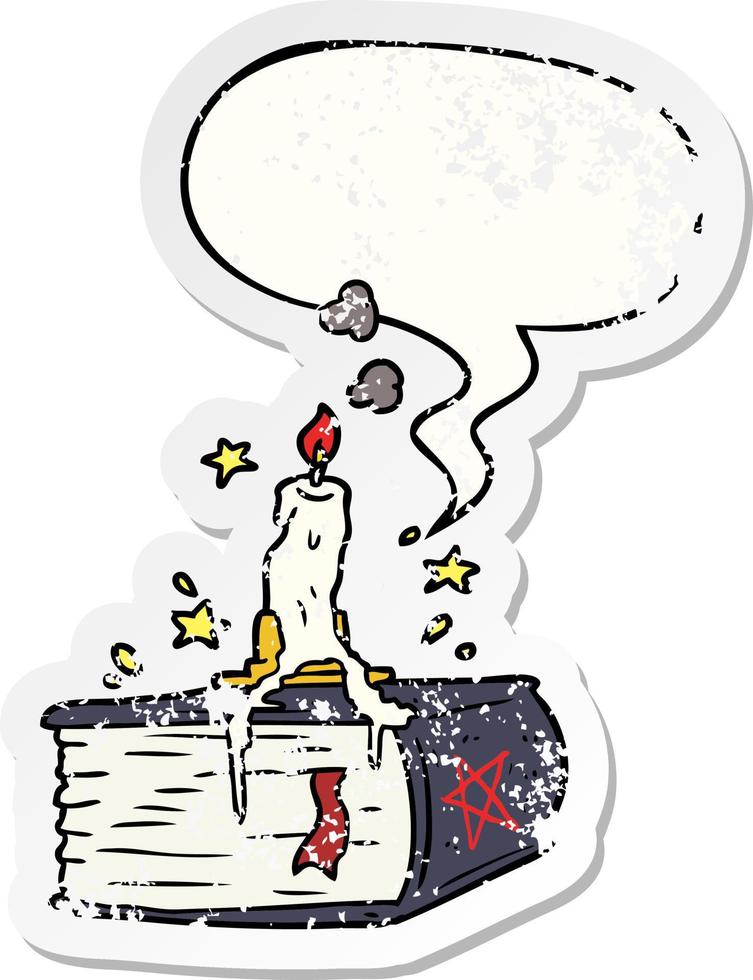 cartoon spooky spellbook and dribbling candle and speech bubble distressed sticker vector