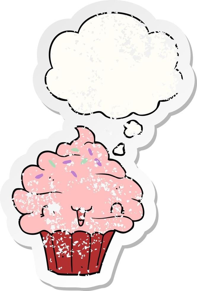 cute cartoon frosted cupcake and thought bubble as a distressed worn sticker vector