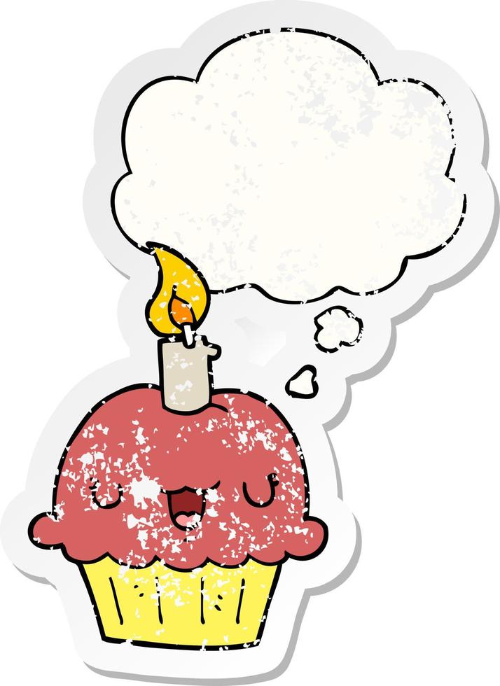 cartoon cupcake and thought bubble as a distressed worn sticker vector