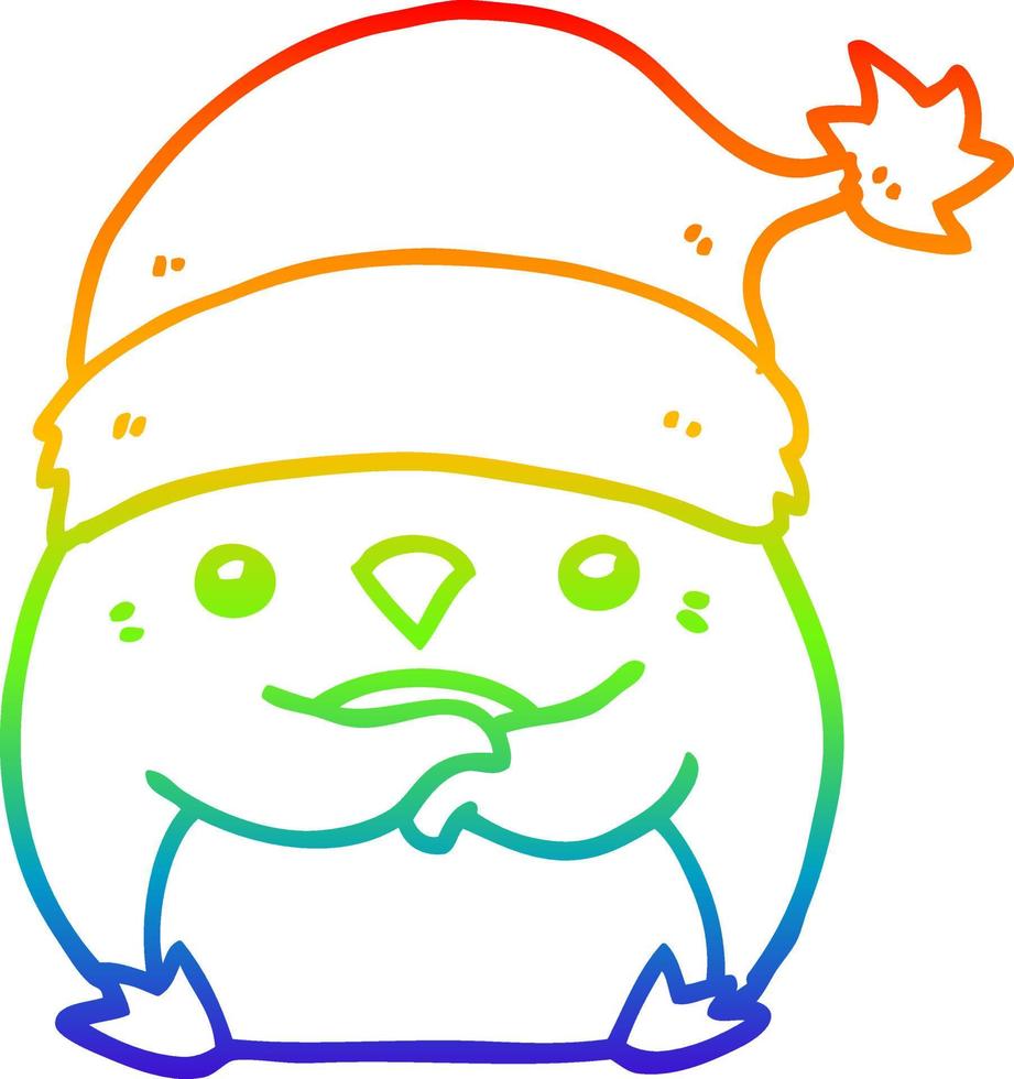 dibujo de línea de gradiente de arco iris lindo pingüino de dibujos animados con sombrero de navidad vector