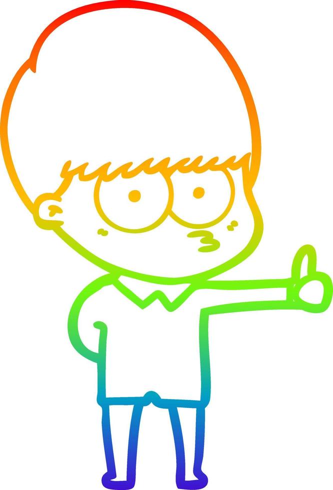 rainbow gradient line drawing curious cartoon boy giving thumbs up sign vector