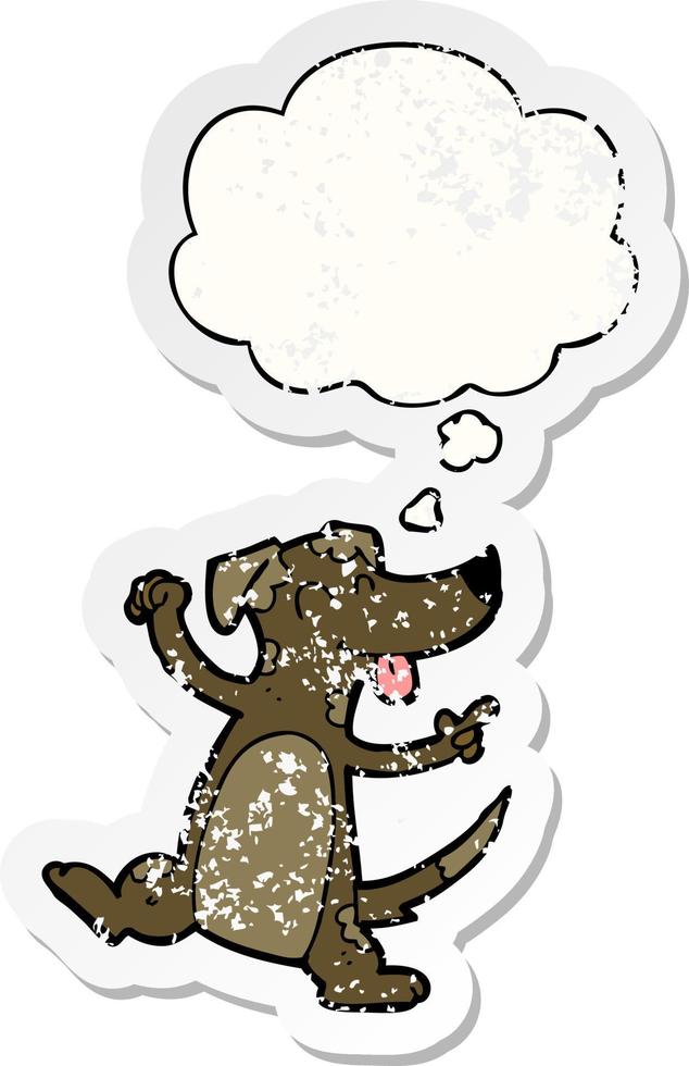 cartoon dancing dog and thought bubble as a distressed worn sticker vector