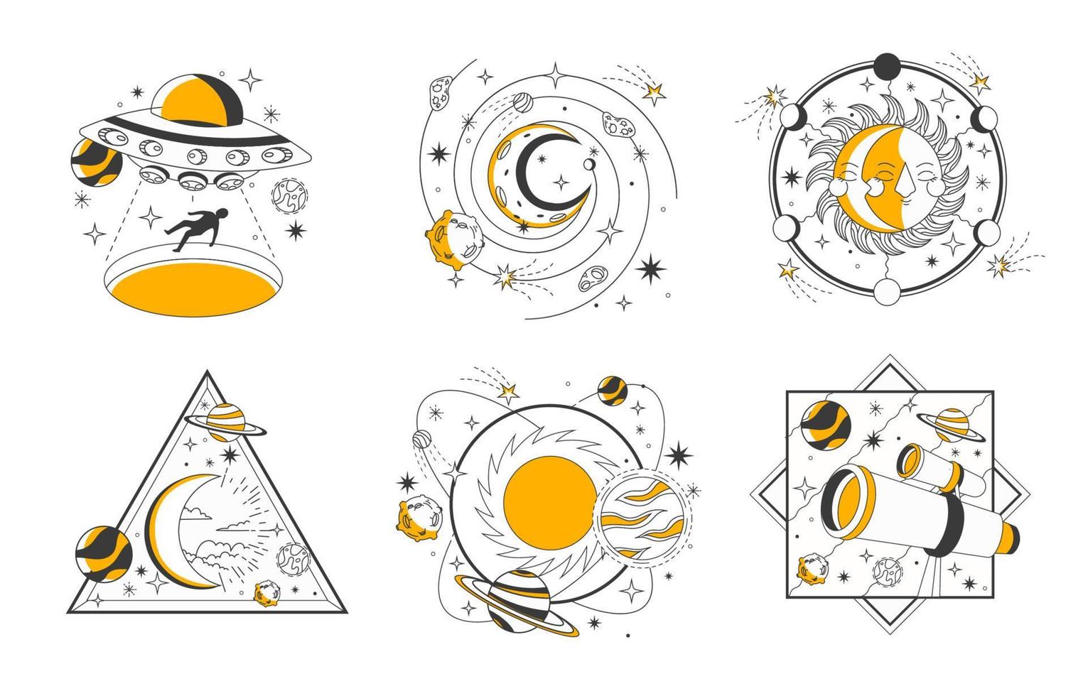 Minimalistic Monotone Outer Space Planet and Star Tattoo Sticker vector