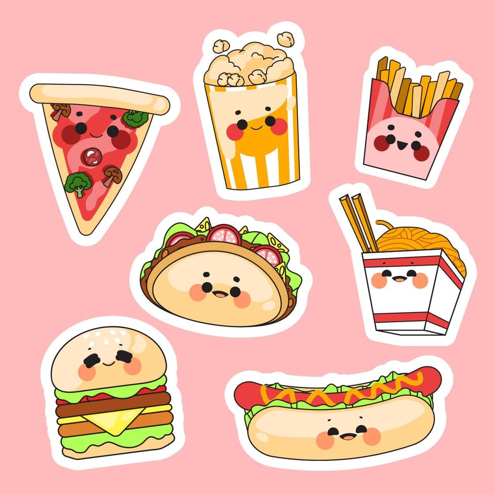 Linda pegatina kawaii para llevar comida rápida vector