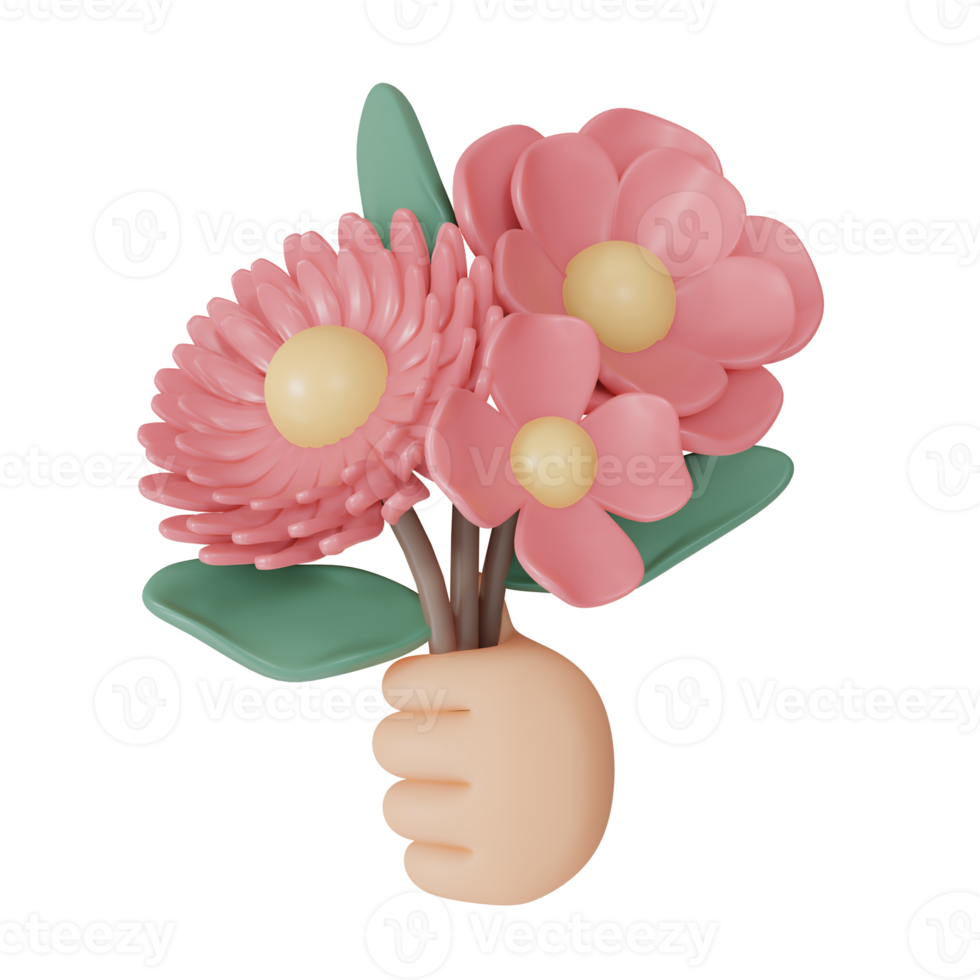 Hand holding flower pink 3d render png