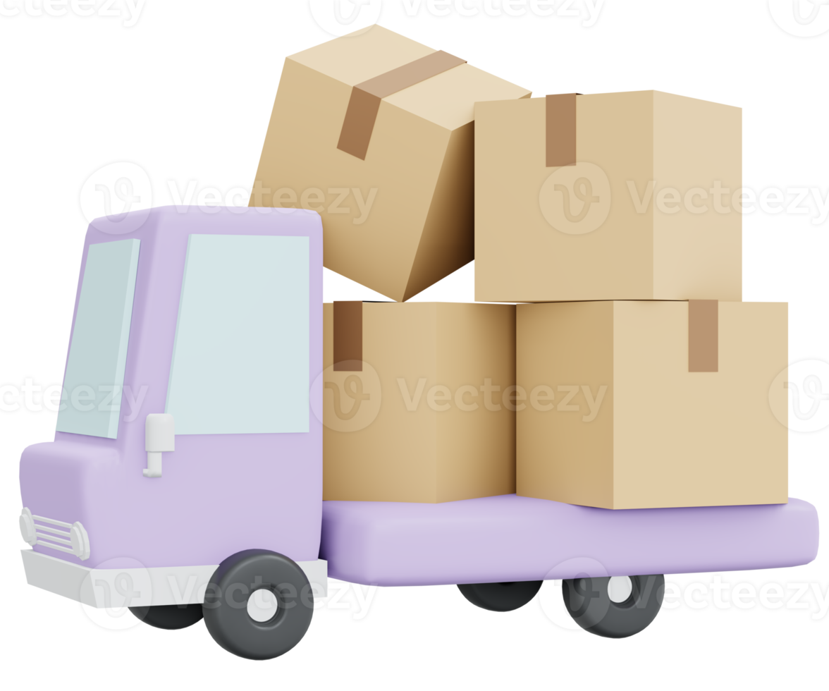 Box-Paket auf LKW-Symbol Versand 3D-Render auf Hintergrund isoliert png