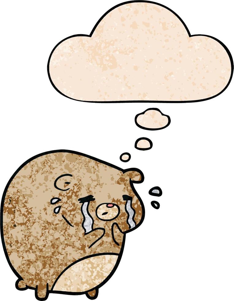 cartoon crying bear and thought bubble in grunge texture pattern style vector