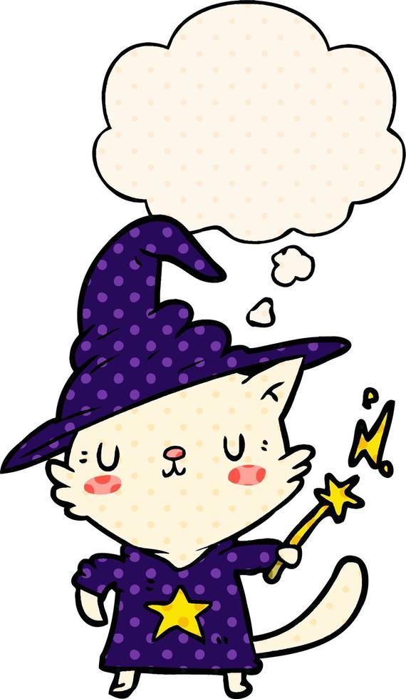 cartoon cat wizard and thought bubble in comic book style vector