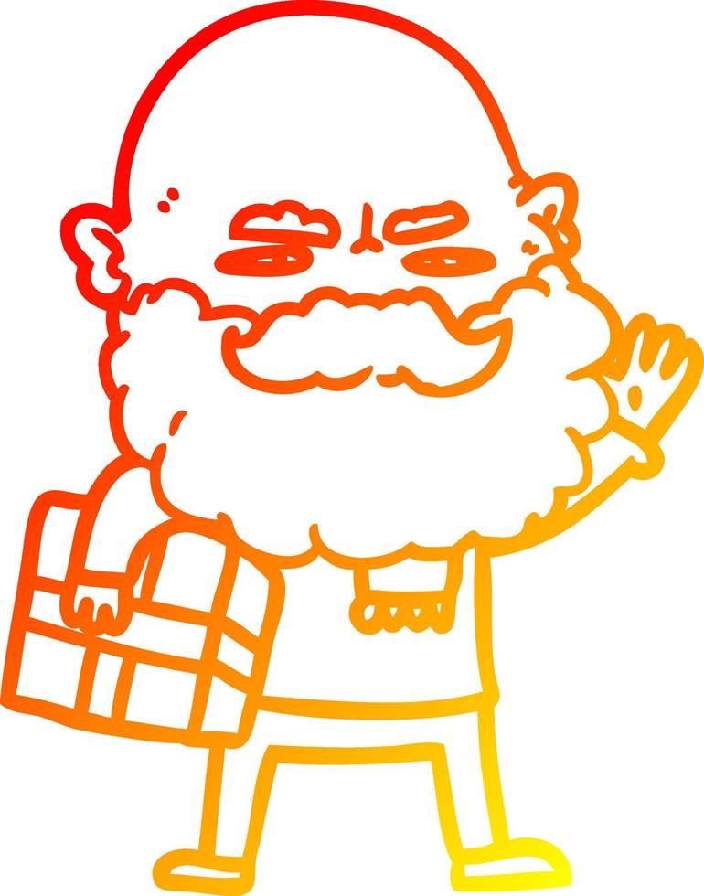 dibujo de línea de gradiente cálido hombre de dibujos animados con barba frunciendo el ceño con regalo de navidad vector