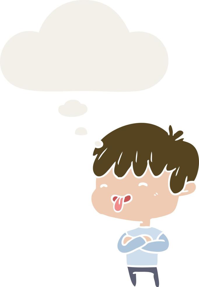 cartoon boy sticking out tongue and thought bubble in retro style vector