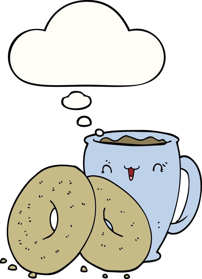 café de dibujos animados y donas y burbuja de pensamiento vector