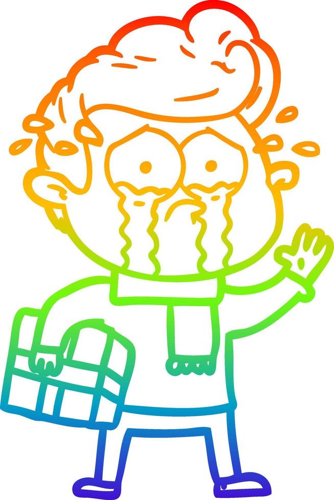 rainbow gradient line drawing cartoon crying man with present vector