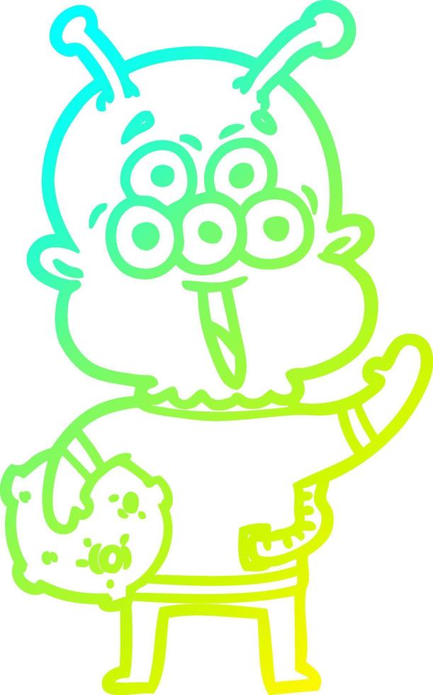 cold gradient line drawing happy cartoon alien with moon rock vector