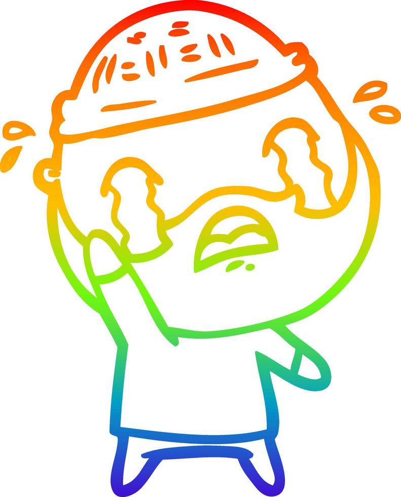 rainbow gradient line drawing cartoon bearded man crying waving goodbye vector