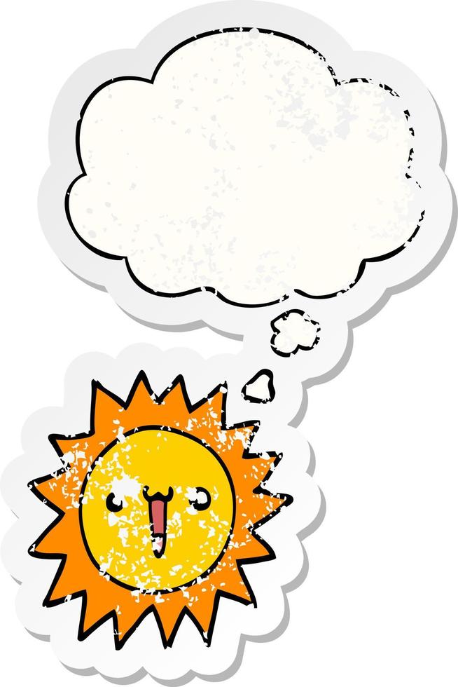 cartoon sun and thought bubble as a distressed worn sticker vector