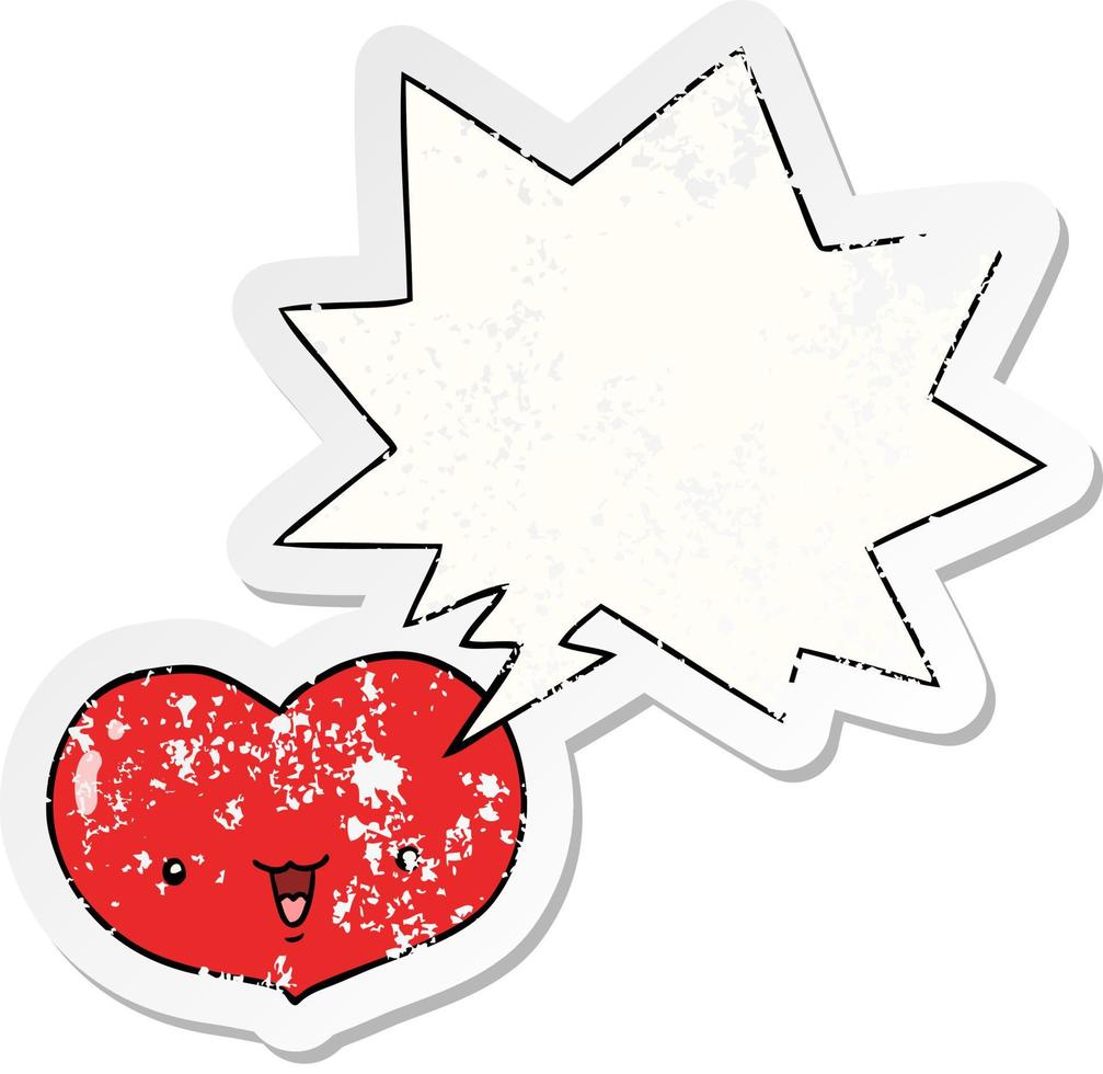 cartoon love heart character and speech bubble distressed sticker vector