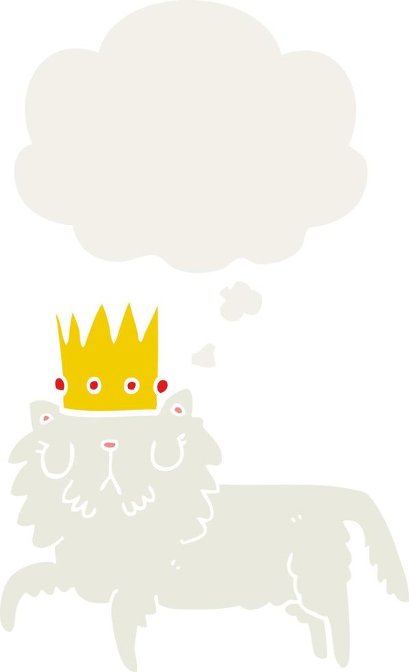 cartoon cat wearing crown and thought bubble in retro style vector