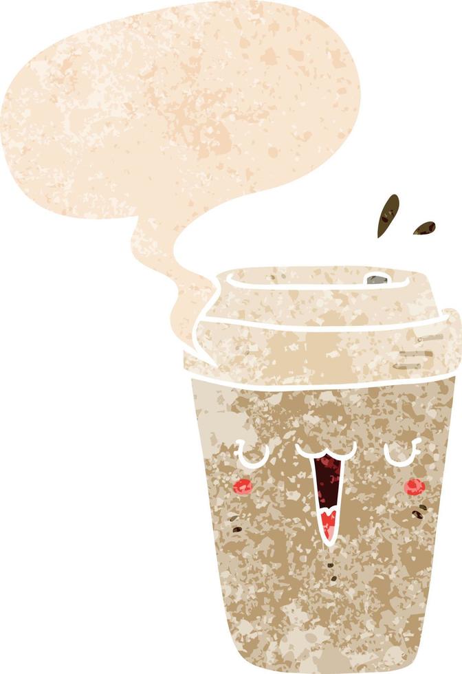 cartoon coffee cup and speech bubble in retro textured style vector