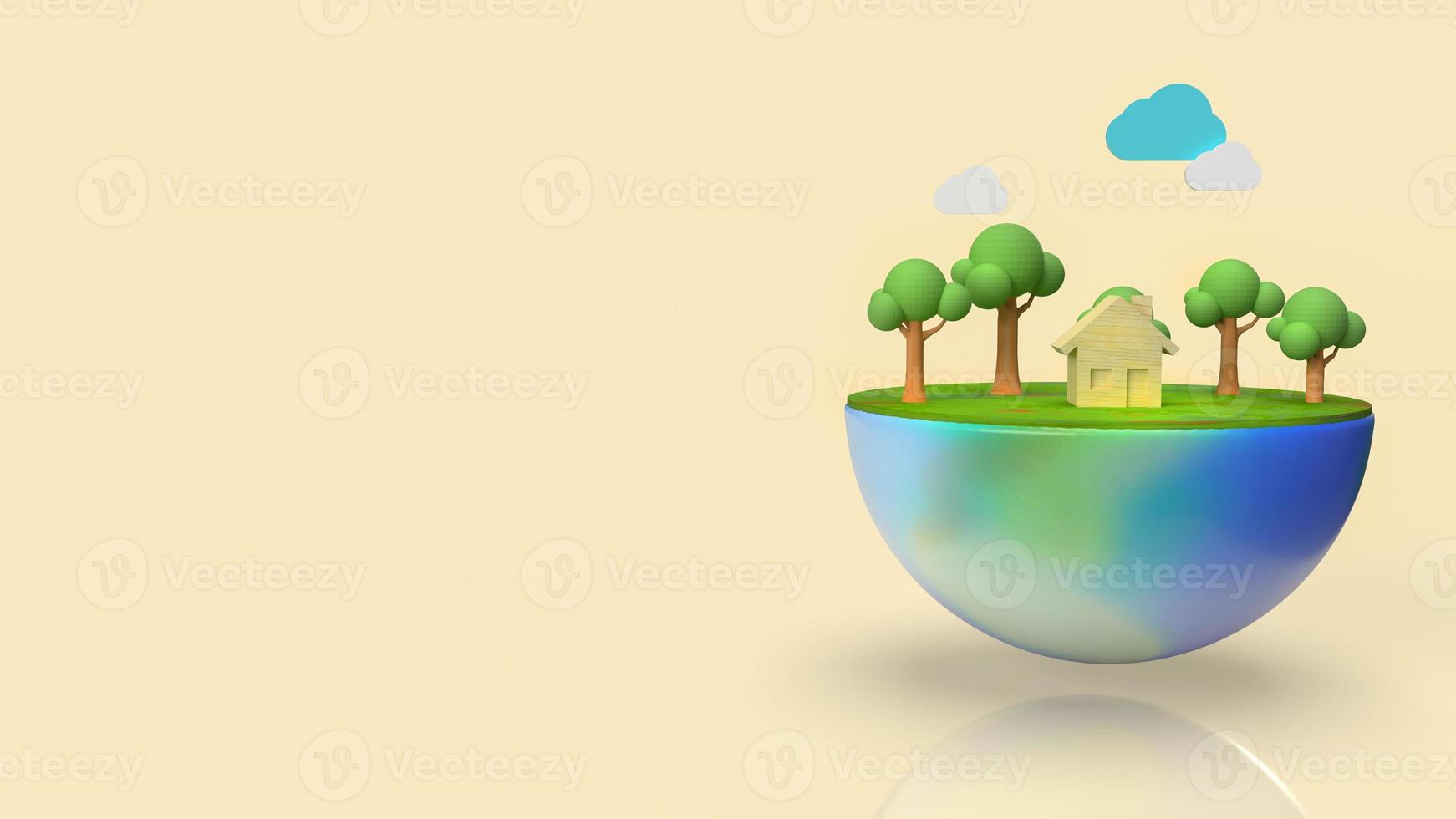 The home and tree on half earth for ecology content 3d photo