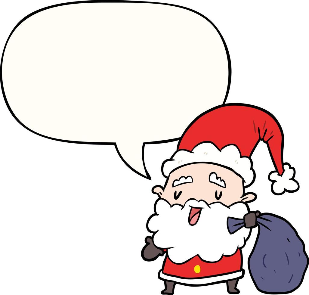 cartoon santa claus carrying sack of presents and speech bubble vector