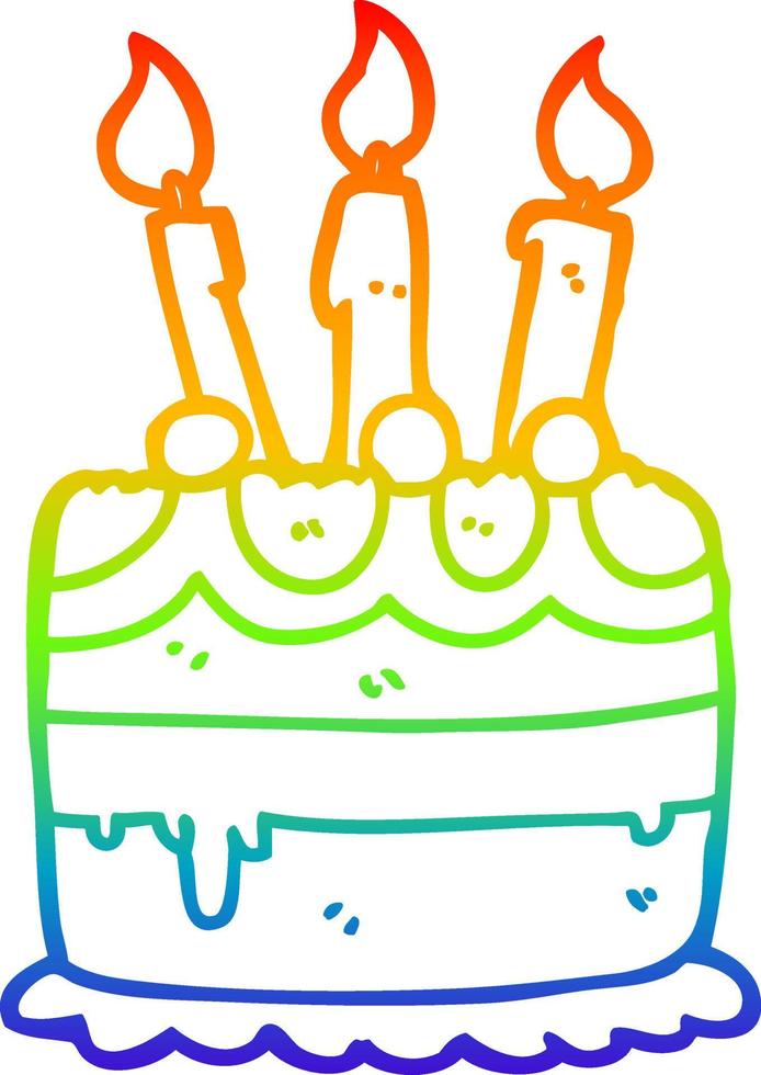 rainbow gradient line drawing cartoon birthday cake vector