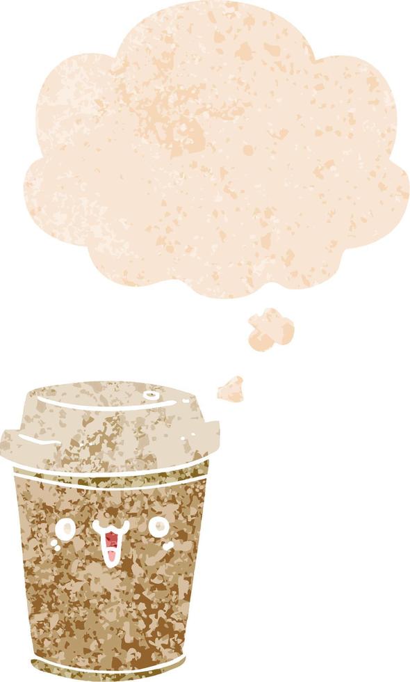 cartoon take out coffee and thought bubble in retro textured style vector
