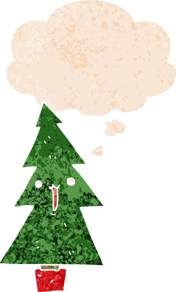 cartoon christmas tree and thought bubble in retro textured style vector