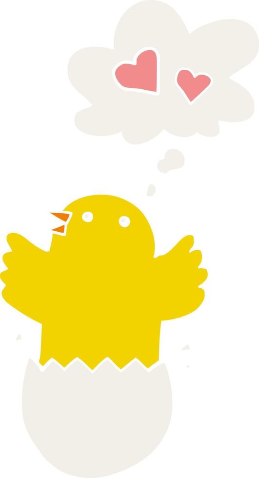 cute hatching chick cartoon and thought bubble in retro style vector
