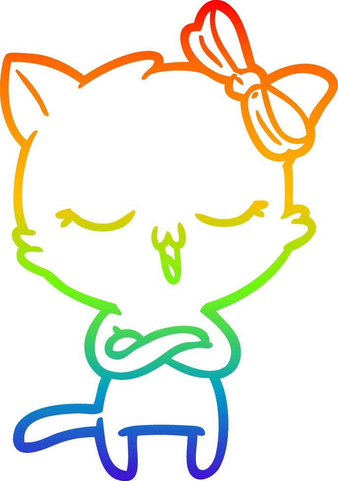 rainbow gradient line drawing cartoon cat with bow on head vector