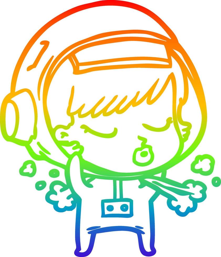 línea de gradiente de arco iris dibujo dibujos animados bonita astronauta niña quitándose el casco espacial vector