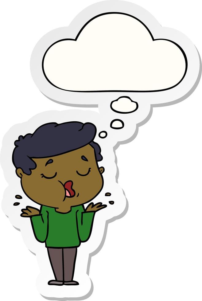 cartoon man talking and shrugging shoulders and thought bubble as a printed sticker vector