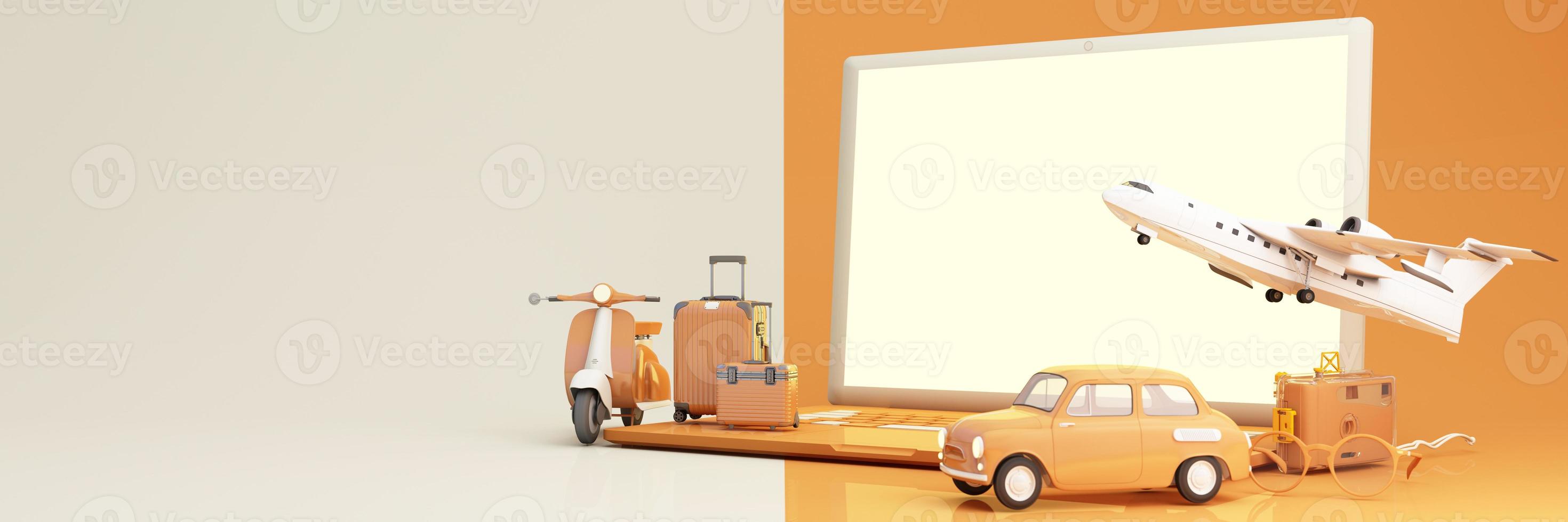 concepto de viaje y aventura y salida en verano, rodeado de equipaje, cámara, gafas de sol, sombrero con scooter y avión y mapa del mundo. tonos pastel en forma de banner web. dibujos animados -3d render foto