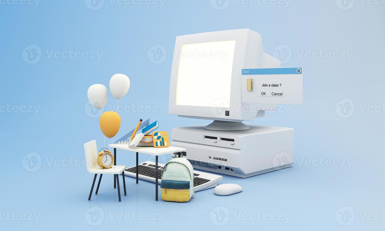 Back to school join to online learning with school supplies and equipment. laptop computer screen with phone and school accessories and textbooks on yellow and blue background. cartoon -3D Rendering photo