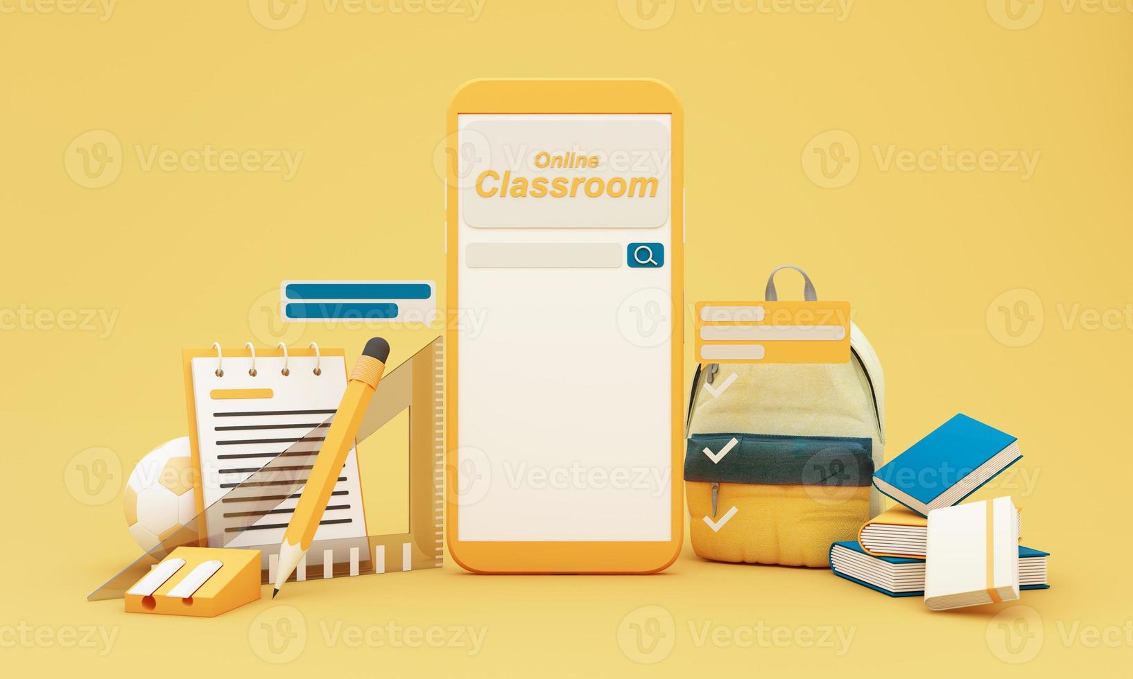 Back to school join to online learning with school supplies and equipment. laptop computer screen with phone and school accessories and textbooks on yellow and blue background. cartoon -3D Rendering photo