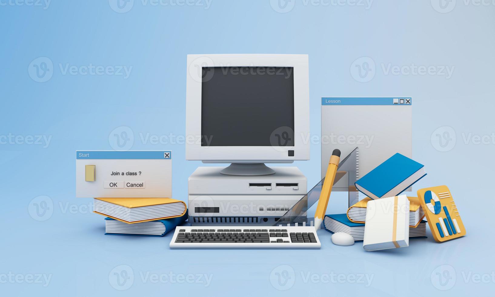 Back to school join to online learning with school supplies and equipment. laptop computer screen with phone and school accessories and textbooks on yellow and blue background. cartoon -3D Rendering photo