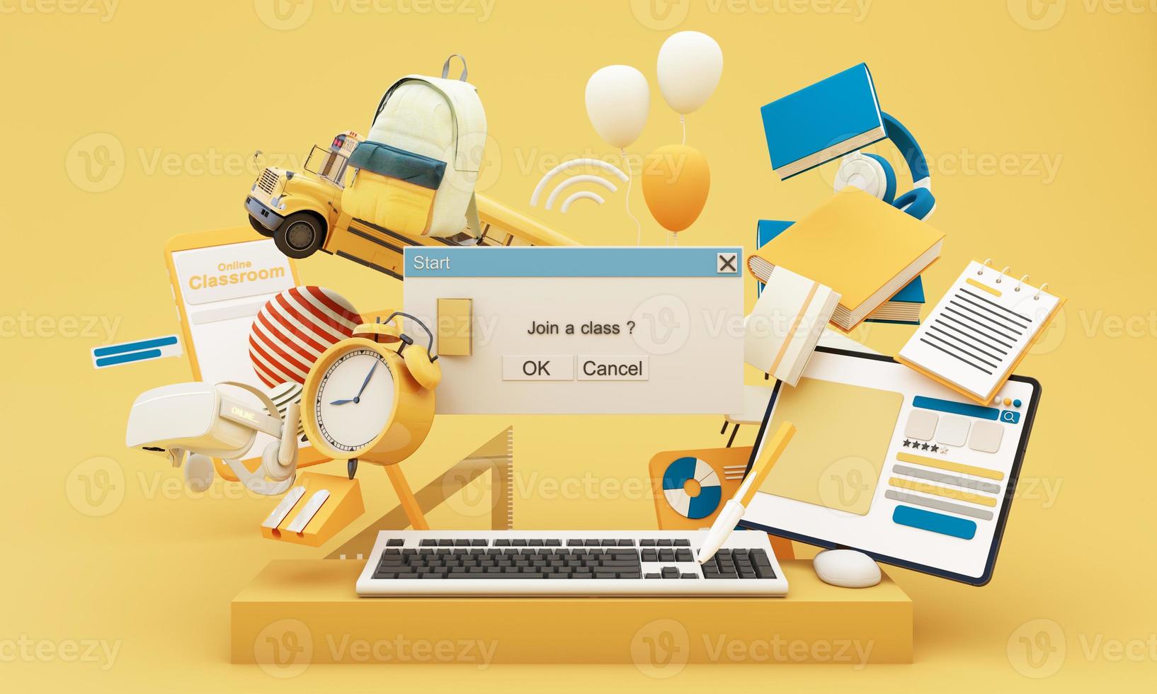 Back to school join to online learning with school supplies and equipment. laptop computer screen with phone and school accessories and textbooks on yellow and blue background. cartoon -3D Rendering photo