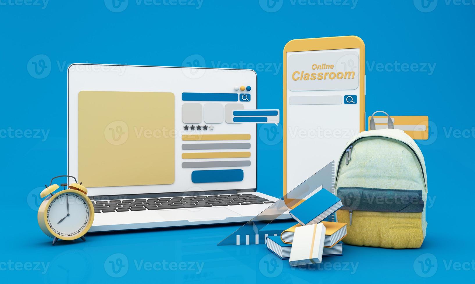 Back to school join to online learning with school supplies and equipment. laptop computer screen with phone and school accessories and textbooks on yellow and blue background. cartoon -3D Rendering photo