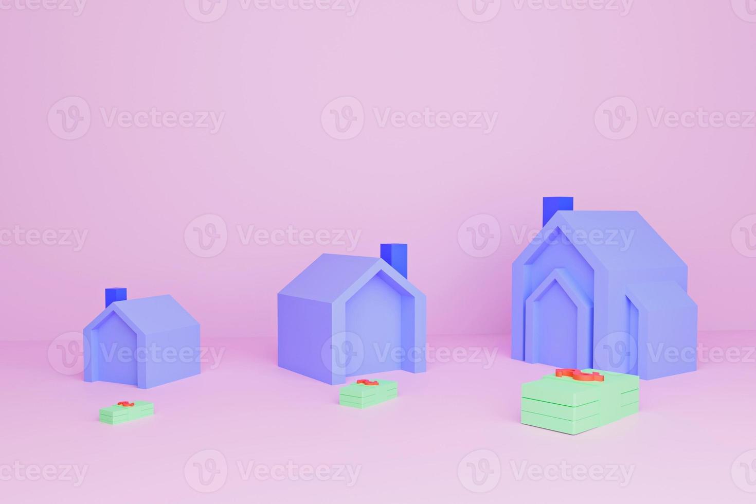 Small houses, medium houses, large houses, the amount of money spent on building a house, 3D rendering in pastel colors. photo