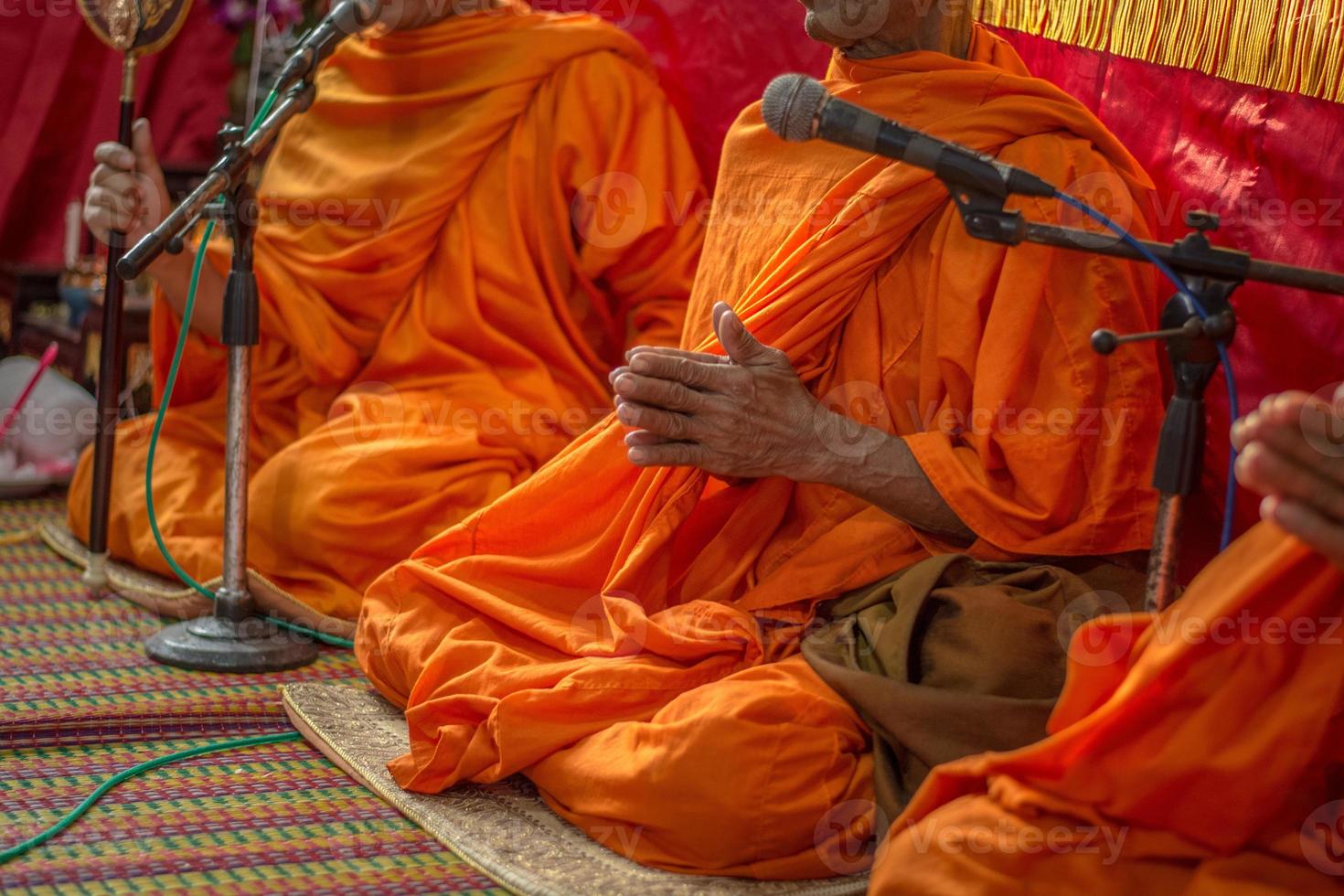 Monks praying pray is religious rituals in thai ceremony. photo