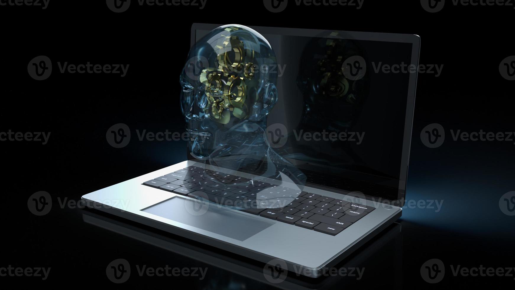 The human head crystal and gold gear inside on laptop  for machine learning or ai content 3d rendering photo